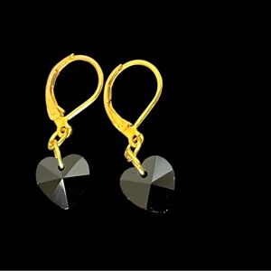 Black Crystal heart earrings Gold plated